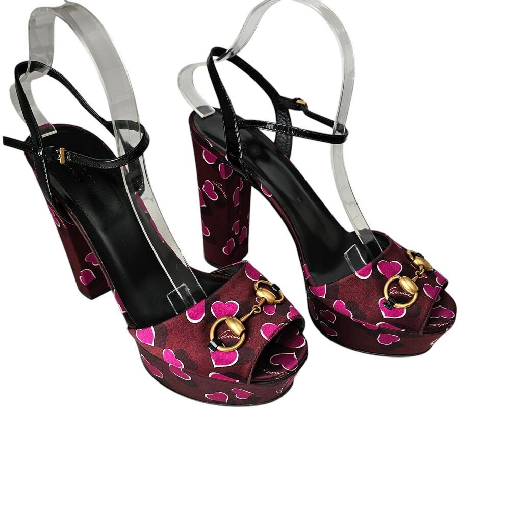 Gucci Claudie Horsebit Platform Block Heel Sandal Size 41 US 11 Pink Heart - Picture 1 of 8